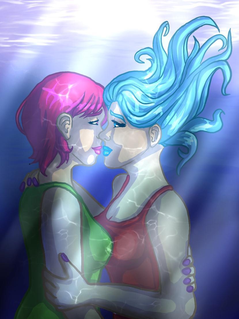 A woman with short pink hair and a woman with long blue hair kissing underwater